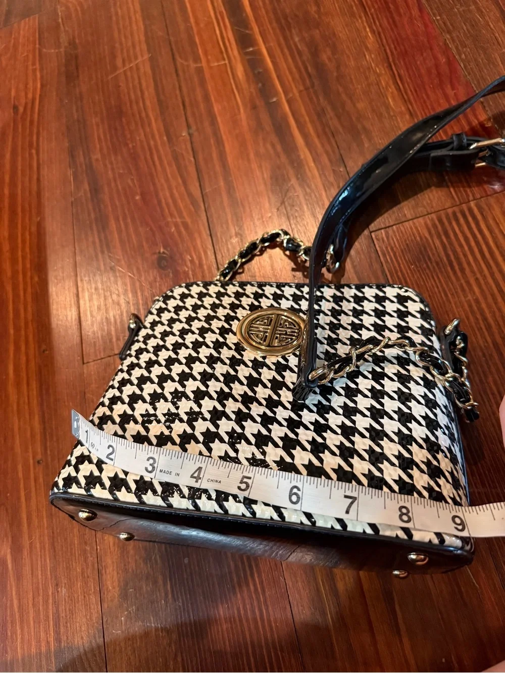 Houndstooth Crossbody Bag with Gold Accent